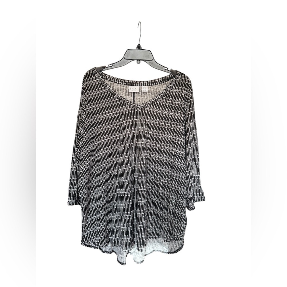 Nicole Miller 100% Linen Boho Tunic Top 2X Black White Geometric Artsy Lagom
